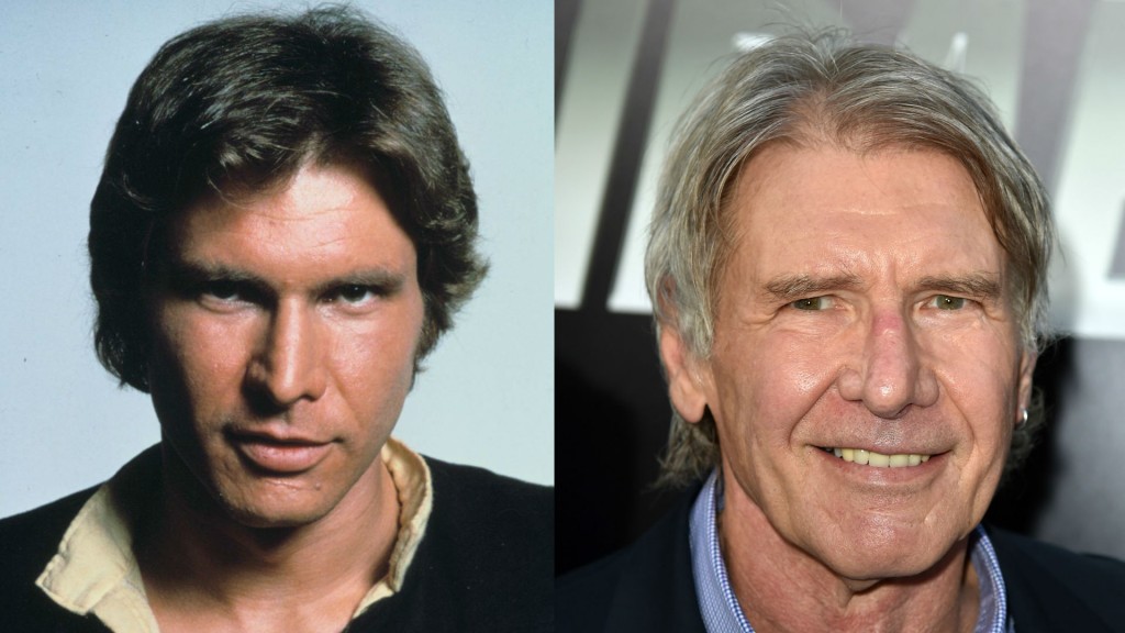 Harrison Ford como o contrabandista Han Solo em Uma Nova Esperança e hoje, aos 73 anos. 